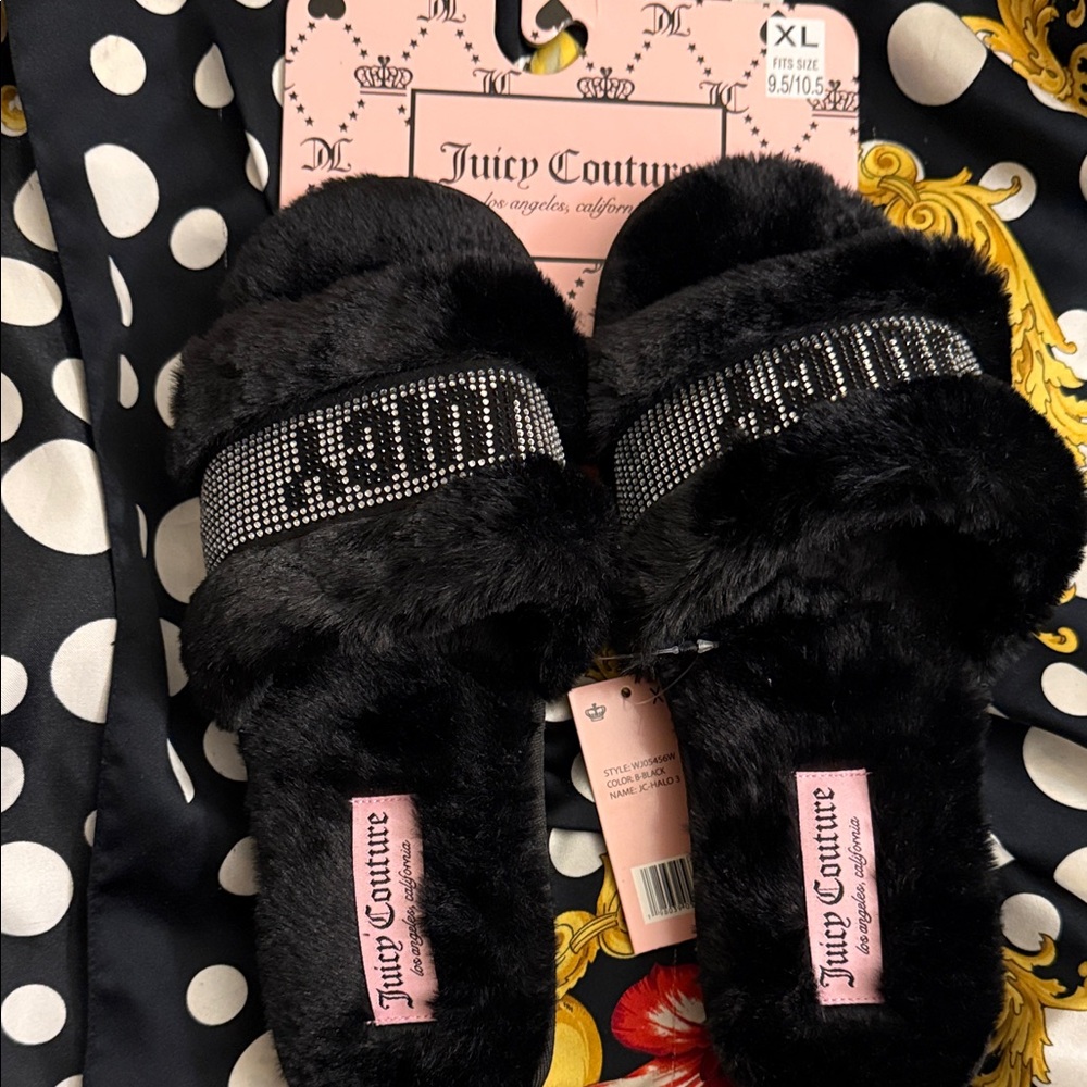 Juicy Couture Black Furry Slides with Sparkling Accents